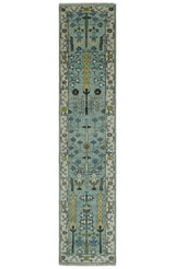 Hand Knotted Traditional Aqua and Ivory Antique Oushak Custom Made Wool Area Rug