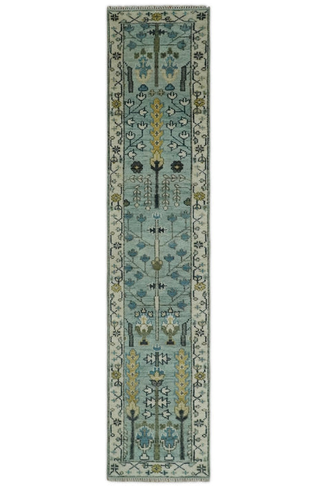 Hand Knotted Traditional Aqua and Ivory Antique Oushak Custom Made Wool Area Rug