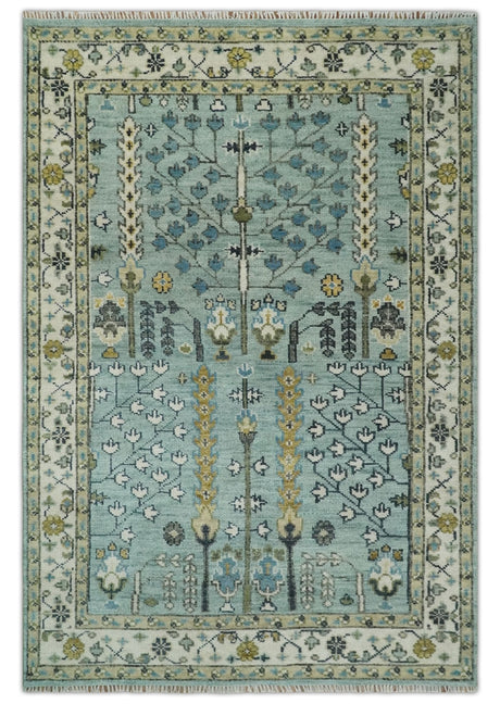 Hand Knotted Traditional Aqua and Ivory Antique Oushak Custom Made Wool Area Rug