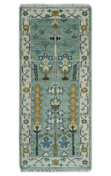 Hand Knotted Traditional Aqua and Ivory Antique Oushak Custom Made Wool Area Rug