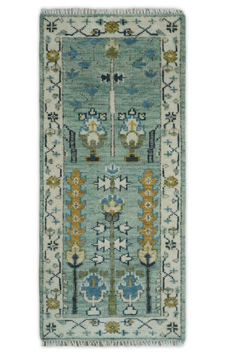 Hand Knotted Traditional Aqua and Ivory Antique Oushak Custom Made Wool Area Rug