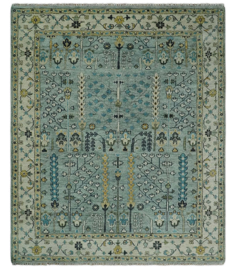 Hand Knotted Traditional Aqua and Ivory Antique Oushak Custom Made Wool Area Rug