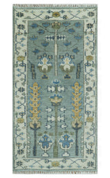 Hand Knotted Traditional Aqua and Ivory Antique Oushak Custom Made Wool Area Rug