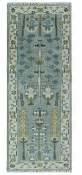 Hand Knotted Traditional Aqua and Ivory Antique Oushak Custom Made Wool Area Rug