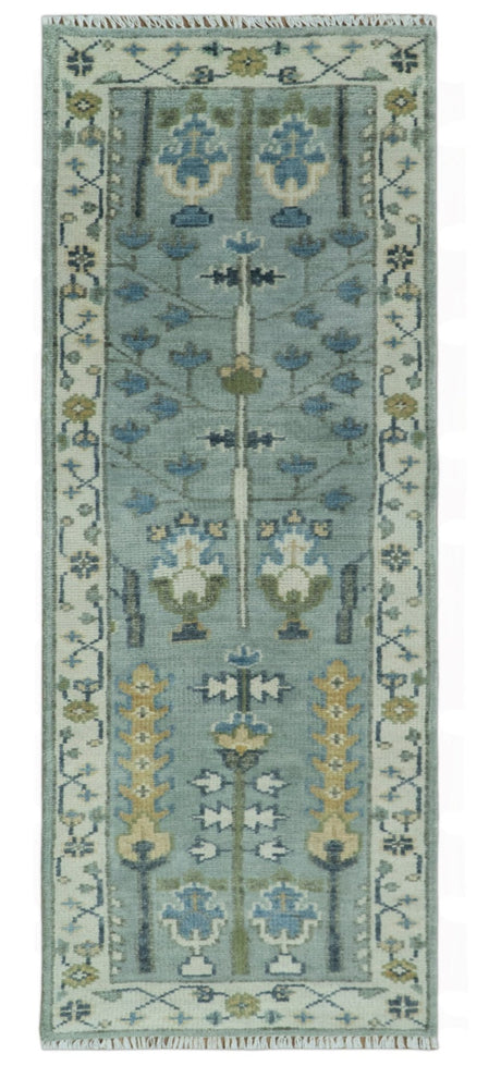 Hand Knotted Traditional Aqua and Ivory Antique Oushak Custom Made Wool Area Rug