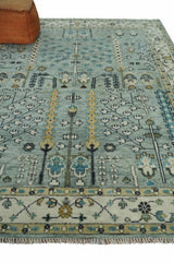 Hand Knotted Traditional Aqua and Ivory Antique Oushak Custom Made Wool Area Rug