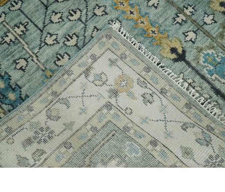 Hand Knotted Traditional Aqua and Ivory Antique Oushak Custom Made Wool Area Rug
