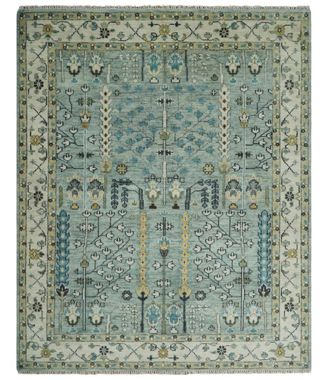 Hand Knotted Traditional Aqua and Ivory Antique Oushak Custom Made Wool Area Rug