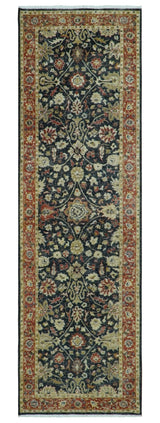 Hand Knotted Traditional Black, Rust and Beige Textured Low Pile Distressed Wool Rug