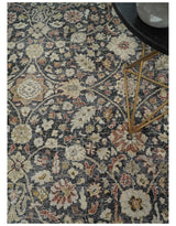 Hand Knotted Traditional Black, Rust and Beige Textured Low Pile Distressed Wool Rug