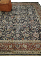 Hand Knotted Traditional Black, Rust and Beige Textured Low Pile Distressed Wool Rug