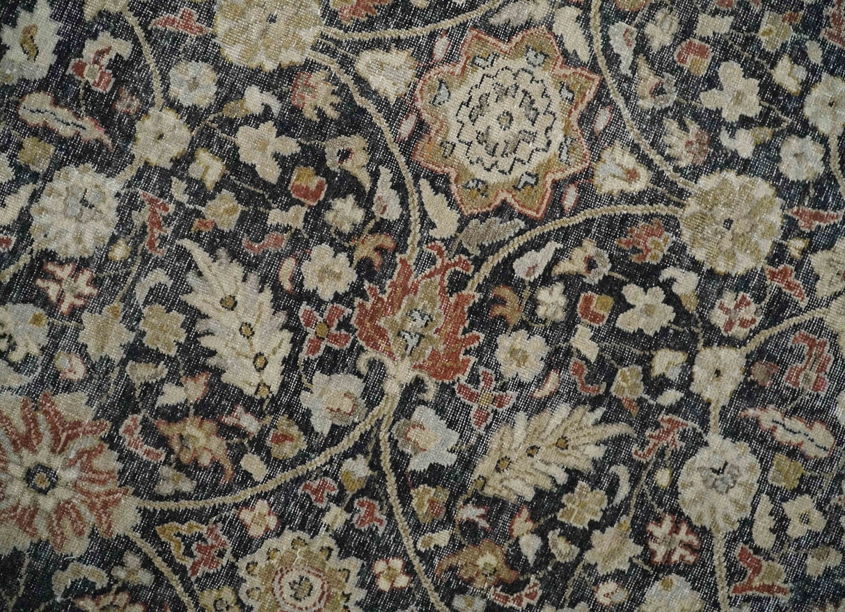 Hand Knotted Traditional Black, Rust and Beige Textured Low Pile Distressed Wool Rug