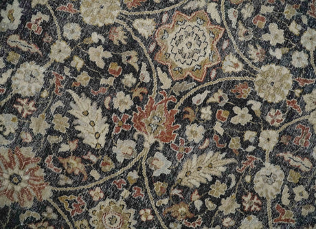Hand Knotted Traditional Black, Rust and Beige Textured Low Pile Distressed Wool Rug