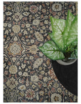 Hand Knotted Traditional Black, Rust and Beige Textured Low Pile Distressed Wool Rug