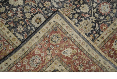 Hand Knotted Traditional Black, Rust and Beige Textured Low Pile Distressed Wool Rug