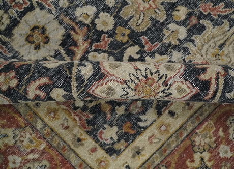 Hand Knotted Traditional Black, Rust and Beige Textured Low Pile Distressed Wool Rug