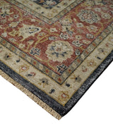 Hand Knotted Traditional Black, Rust and Beige Textured Low Pile Distressed Wool Rug