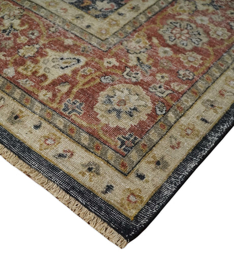 Hand Knotted Traditional Black, Rust and Beige Textured Low Pile Distressed Wool Rug