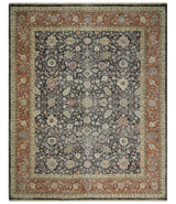 Hand Knotted Traditional Black, Rust and Beige Textured Low Pile Distressed Wool Rug