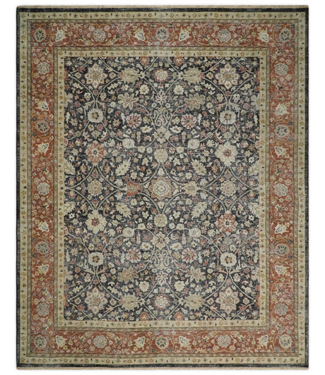 Hand Knotted Traditional Black, Rust and Beige Textured Low Pile Distressed Wool Rug