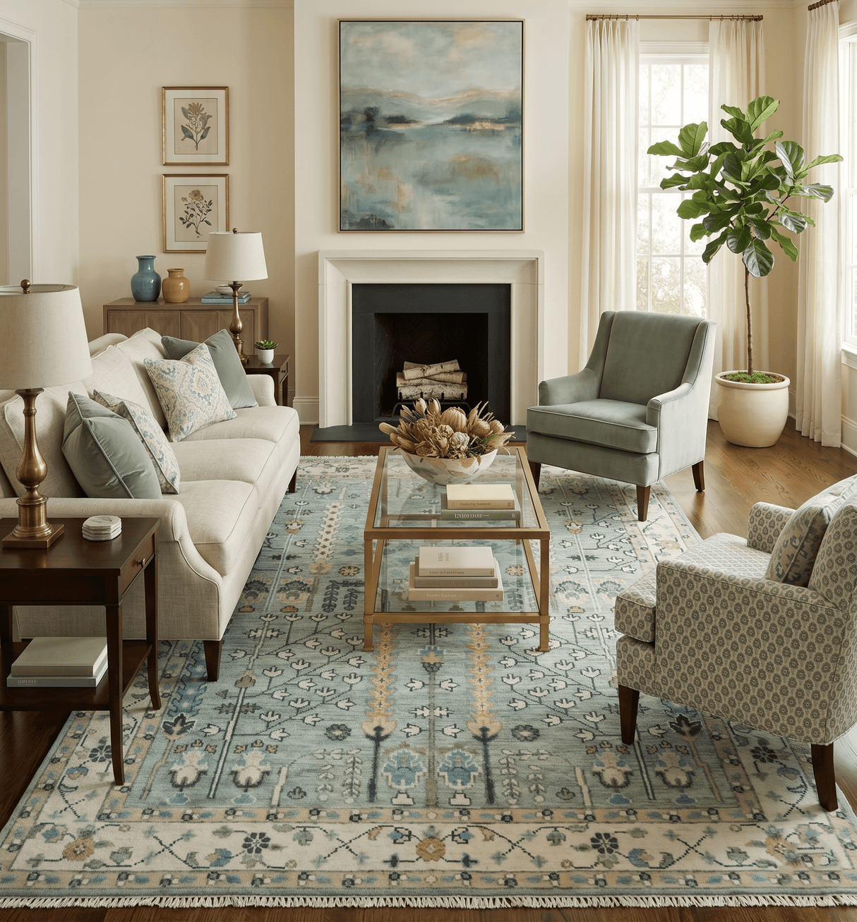 Hand Knotted Traditional Blue and Ivory Antique Oushak Custom Made Wool Area Rug
