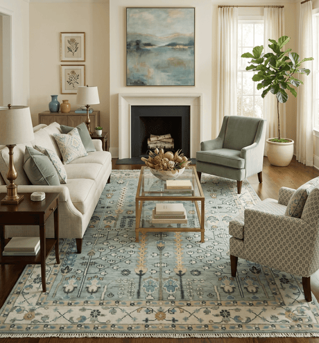 Hand Knotted Traditional Blue and Ivory Antique Oushak Custom Made Wool Area Rug