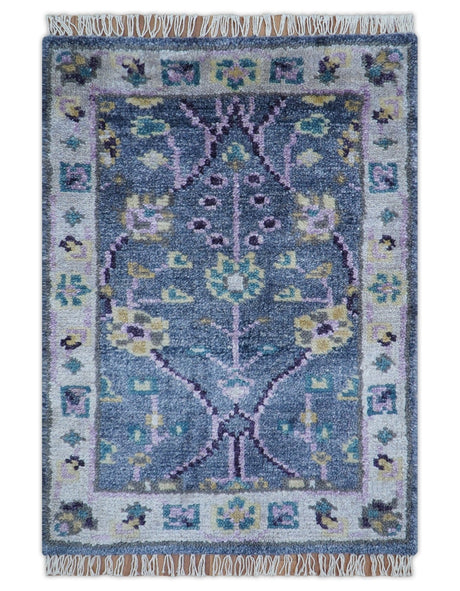 Hand Knotted Traditional Design Blue And Ivory 2x3 Wool Area Rug