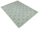 Hand Knotted Traditional Ivory and Blue Oxidized Textured Low Pile Wool Rug