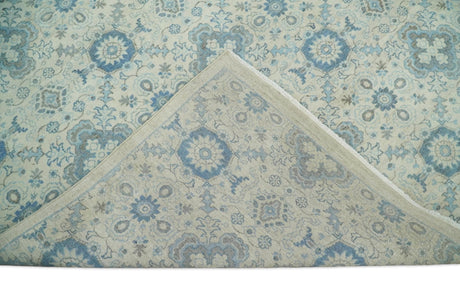 Hand Knotted Traditional Ivory and Blue Oxidized Textured Low Pile Wool Rug