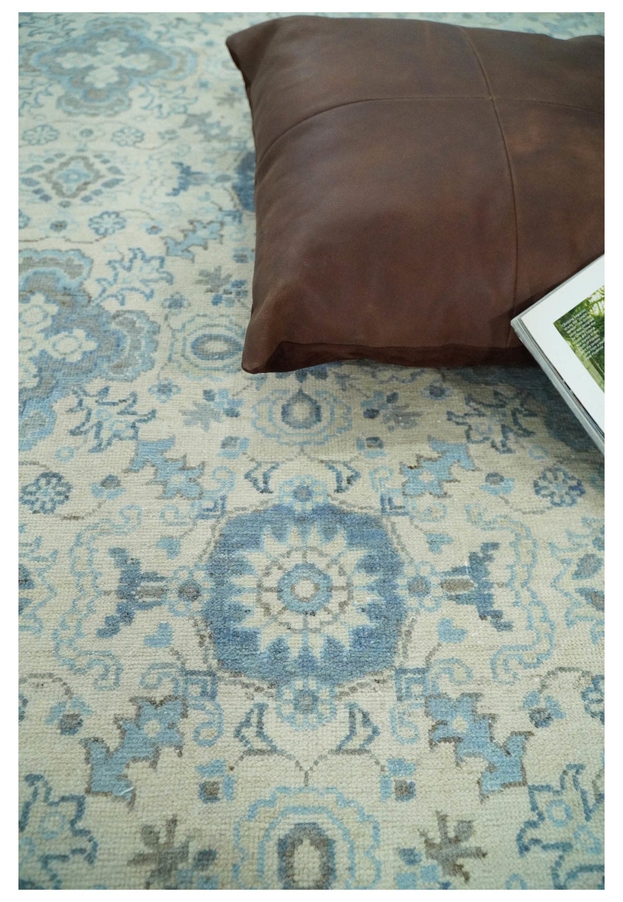 Hand Knotted Traditional Ivory and Blue Oxidized Textured Low Pile Wool Rug