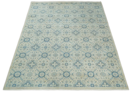 Hand Knotted Traditional Ivory and Blue Oxidized Textured Low Pile Wool Rug