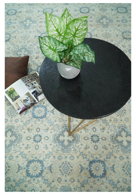 Hand Knotted Traditional Ivory and Blue Oxidized Textured Low Pile Wool Rug