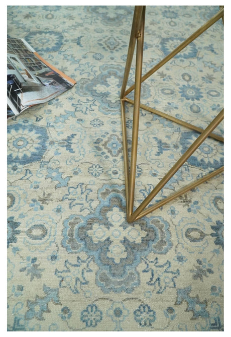 Hand Knotted Traditional Ivory and Blue Oxidized Textured Low Pile Wool Rug