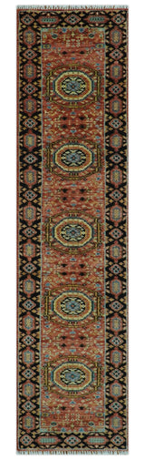 Hand Knotted Traditional Kazak Medallion Rust and Black Wool Area Rug
