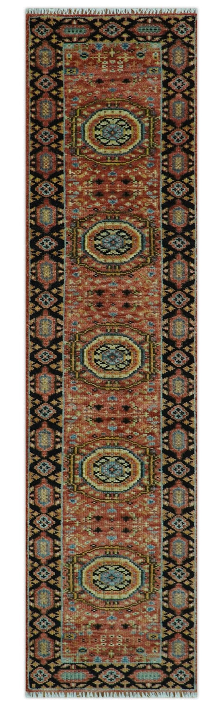 Hand Knotted Traditional Kazak Medallion Rust and Black Wool Area Rug