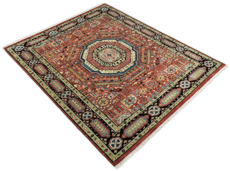 Hand Knotted Traditional Kazak Medallion Rust and Black Wool Area Rug