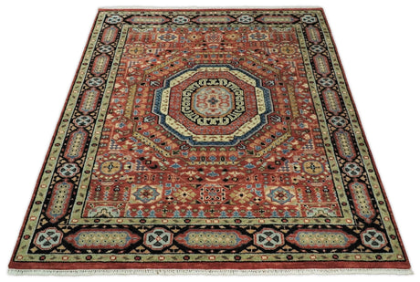 Hand Knotted Traditional Kazak Medallion Rust and Black Wool Area Rug