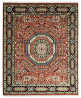 Hand Knotted Traditional Kazak Medallion Rust and Black Wool Area Rug