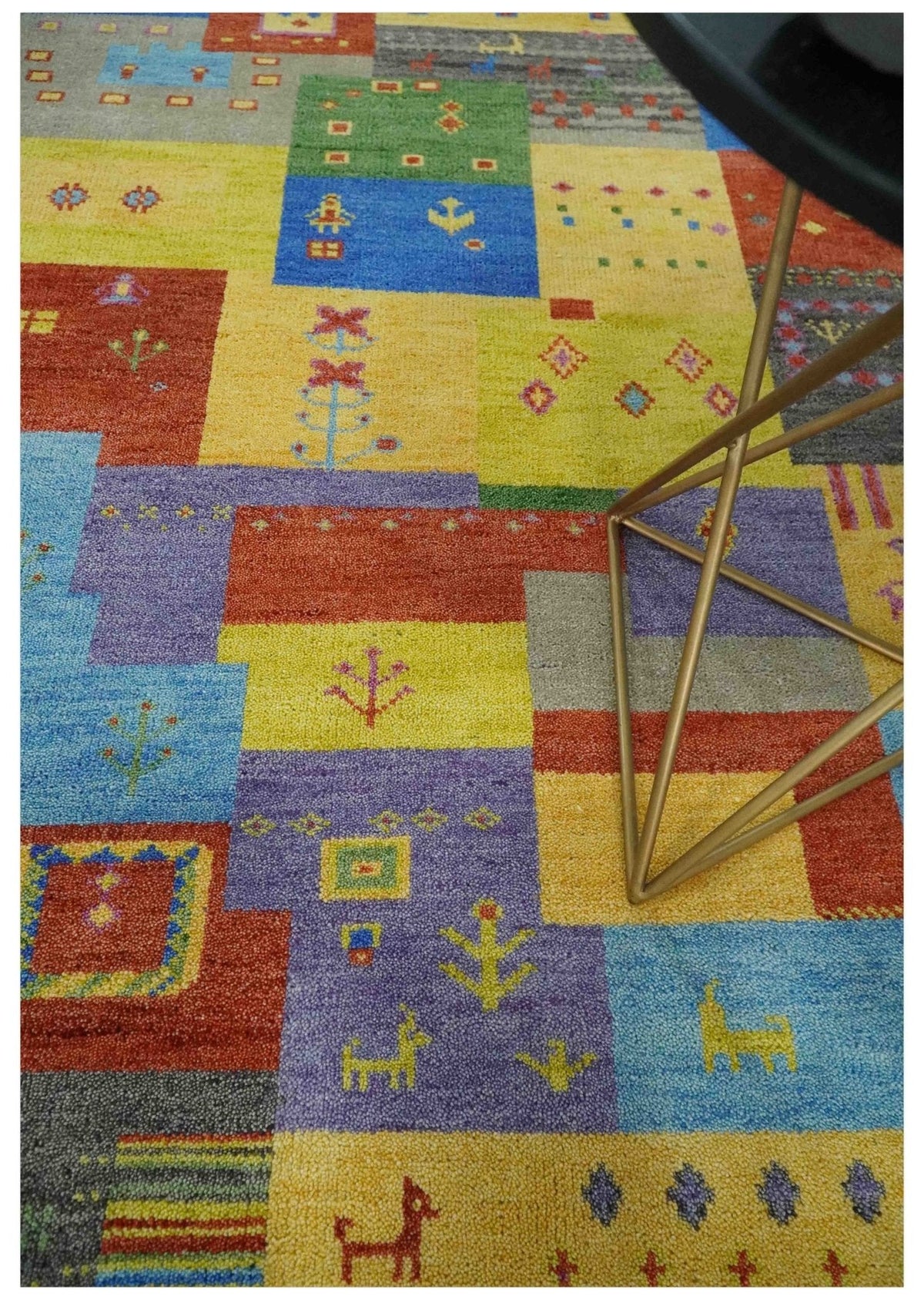 Alfombra de lana anudada a mano, diseño Gabbeh tradicional multicolor estilo tribal antiguo