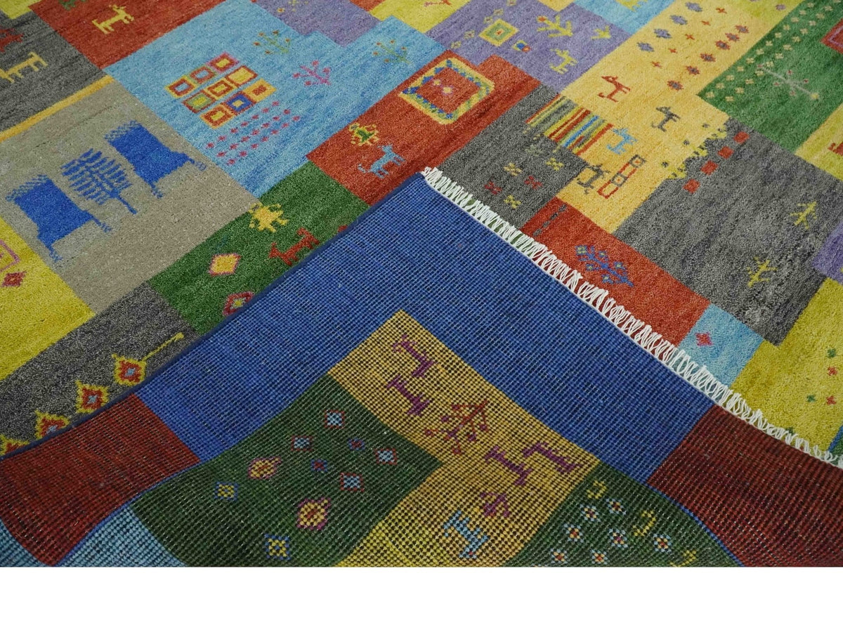 Alfombra de lana anudada a mano, diseño Gabbeh tradicional multicolor estilo tribal antiguo