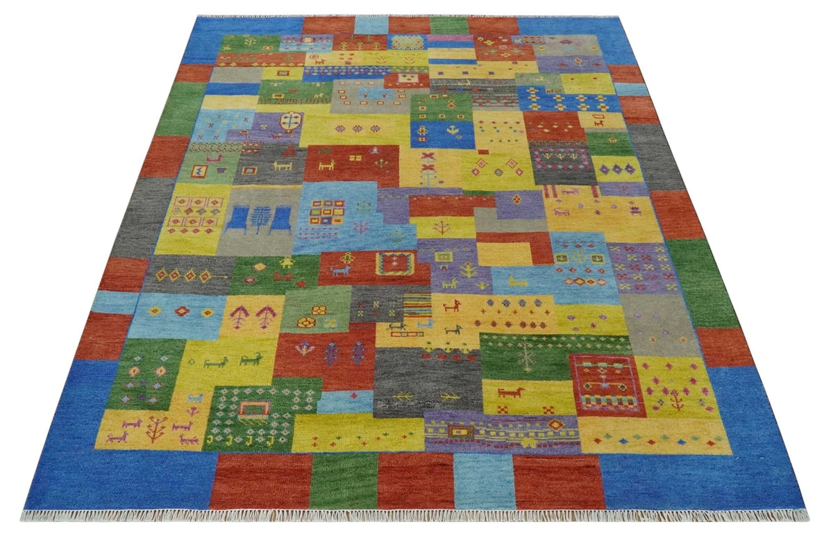 Alfombra de lana anudada a mano, diseño Gabbeh tradicional multicolor estilo tribal antiguo
