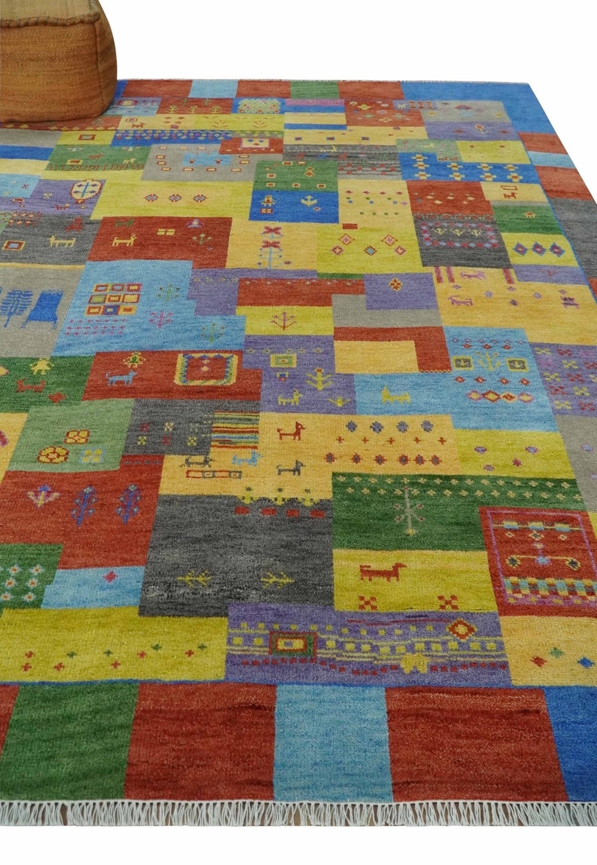 Alfombra de lana anudada a mano, diseño Gabbeh tradicional multicolor estilo tribal antiguo