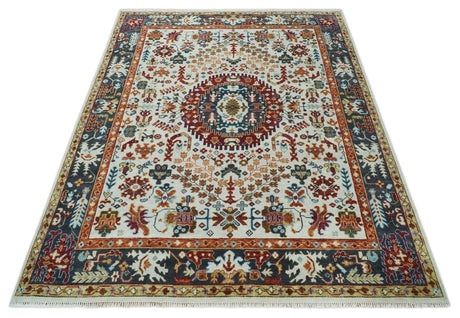 Hand Knotted traditional Oriental Ivory, Rust and Gray wool Area Rug