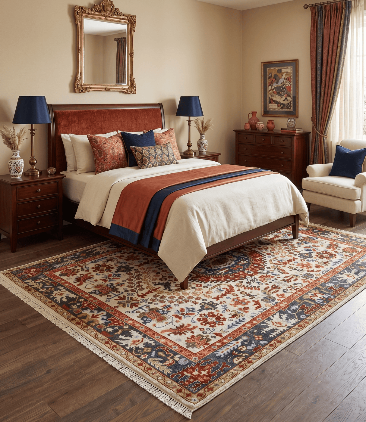Hand Knotted traditional Oriental Ivory, Rust and Gray wool Area Rug