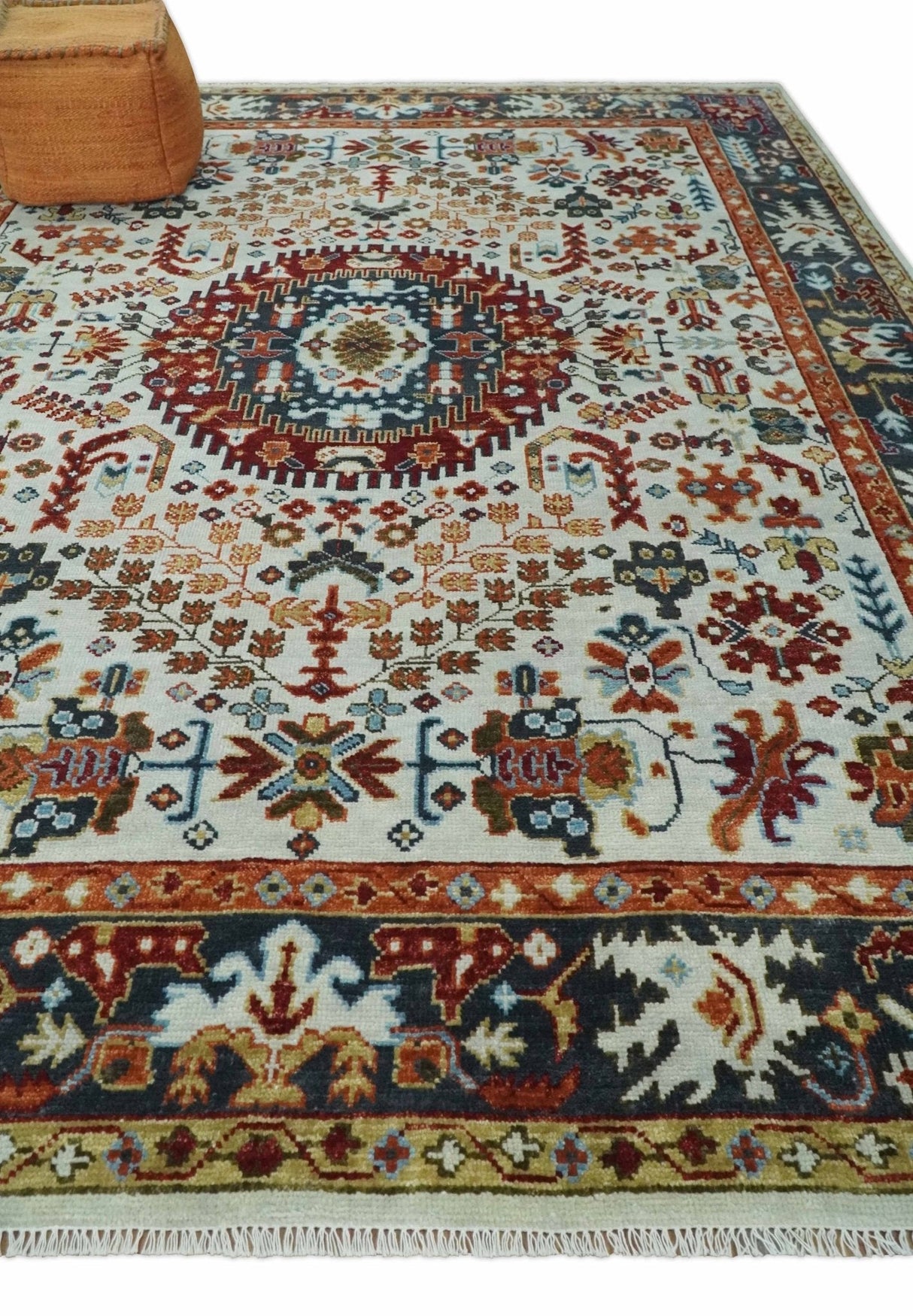 Hand Knotted traditional Oriental Ivory, Rust and Gray wool Area Rug