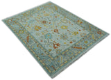 Hand Knotted Traditional Oushak Blue And Mustard Wool Rug