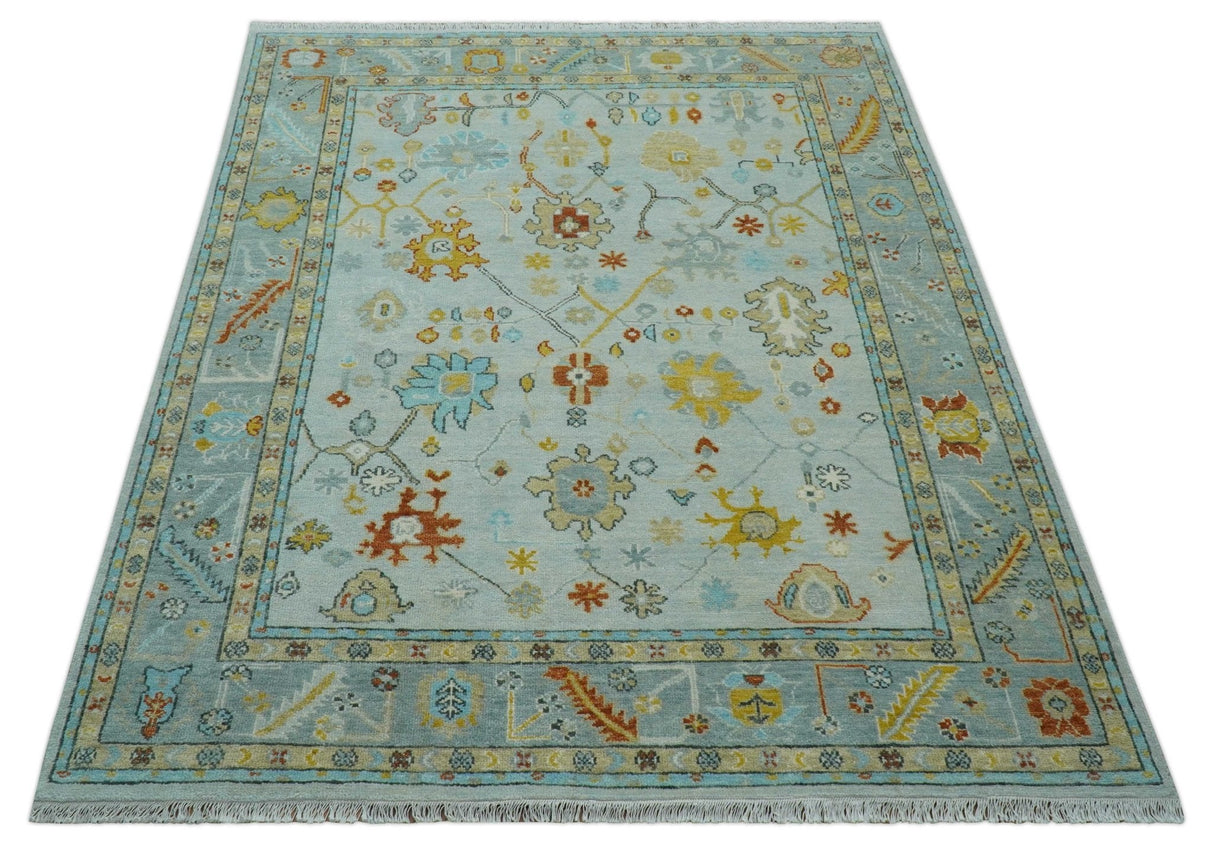 Hand Knotted Traditional Oushak Blue And Mustard Wool Rug