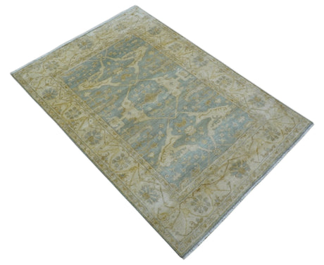 Hand Knotted Traditional Oushak Design Blue And Beige 6x9 Wool Rug