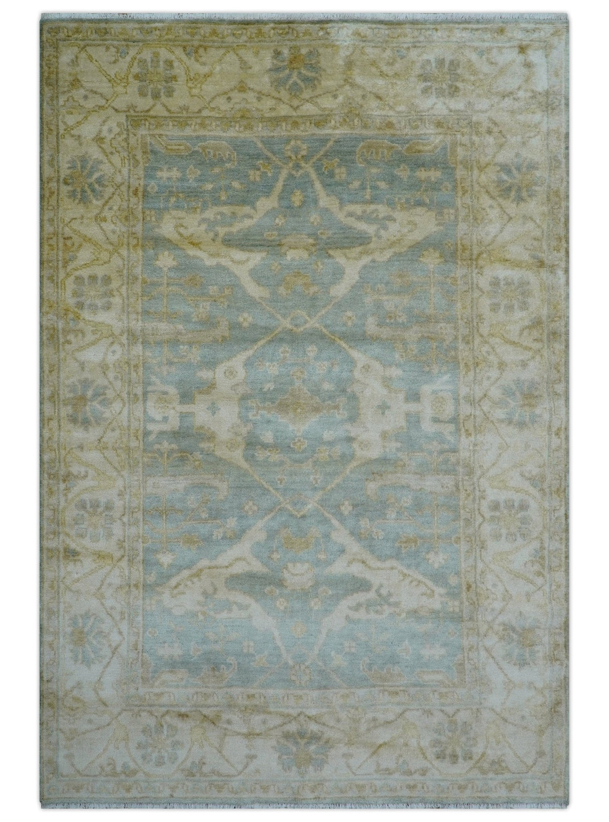 Hand Knotted Traditional Oushak Design Blue And Beige 6x9 Wool Rug