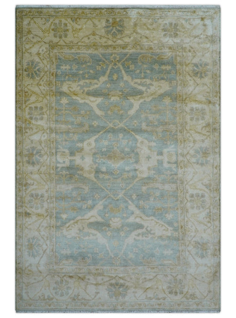 Hand Knotted Traditional Oushak Design Blue And Beige 6x9 Wool Rug